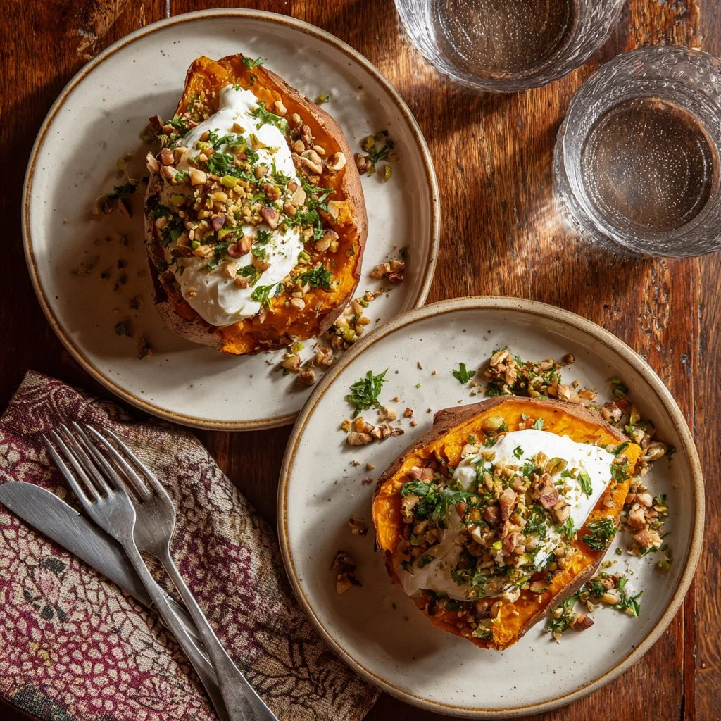 Patate douce rôtie servie avec yaourt et miel dans un plat coloré