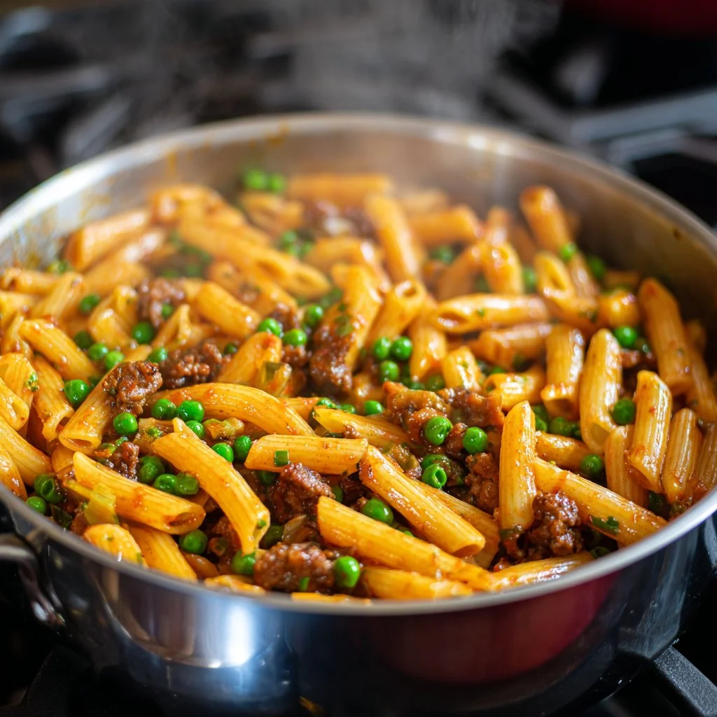 Pâtes à la boscaiola garnies de champignons et de saucisse.