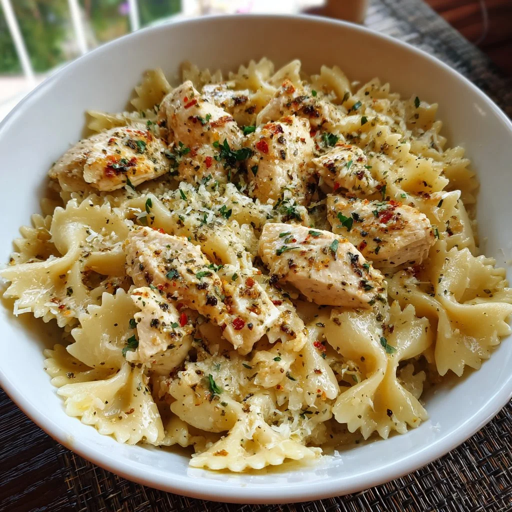 Pâtes au poulet, à l'ail et au parmesan dans une assiette appétissante
