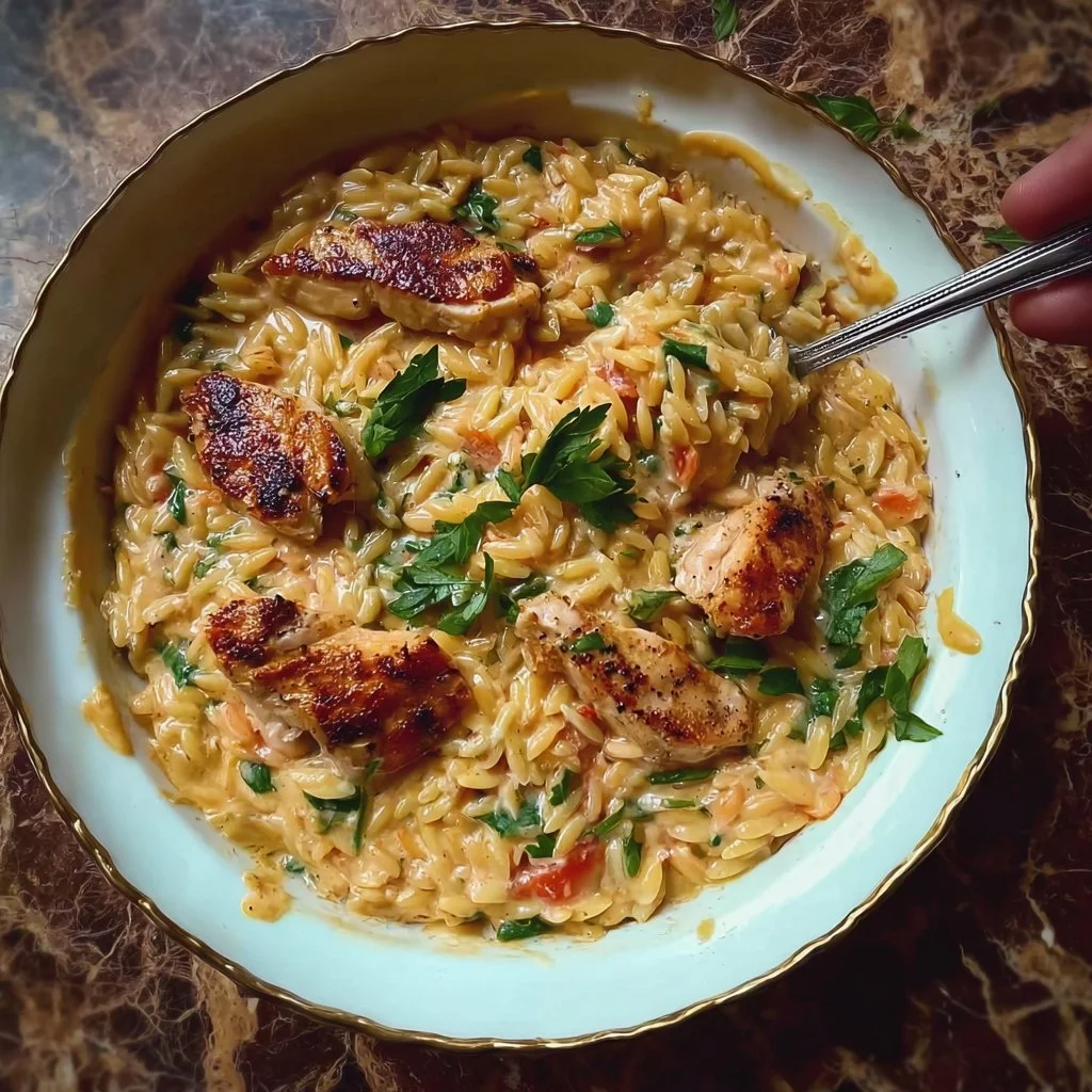 Plat de pâtes orzo crémeuses au poulet sur une table garnie.
