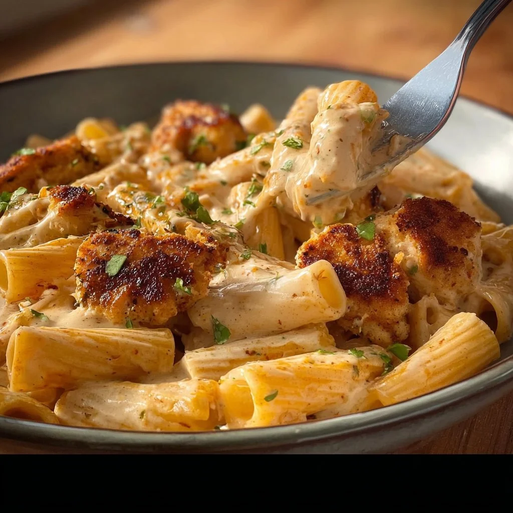 Penne au Poulet préparé avec sauce crémeuse et morceaux de poulet savoureux.