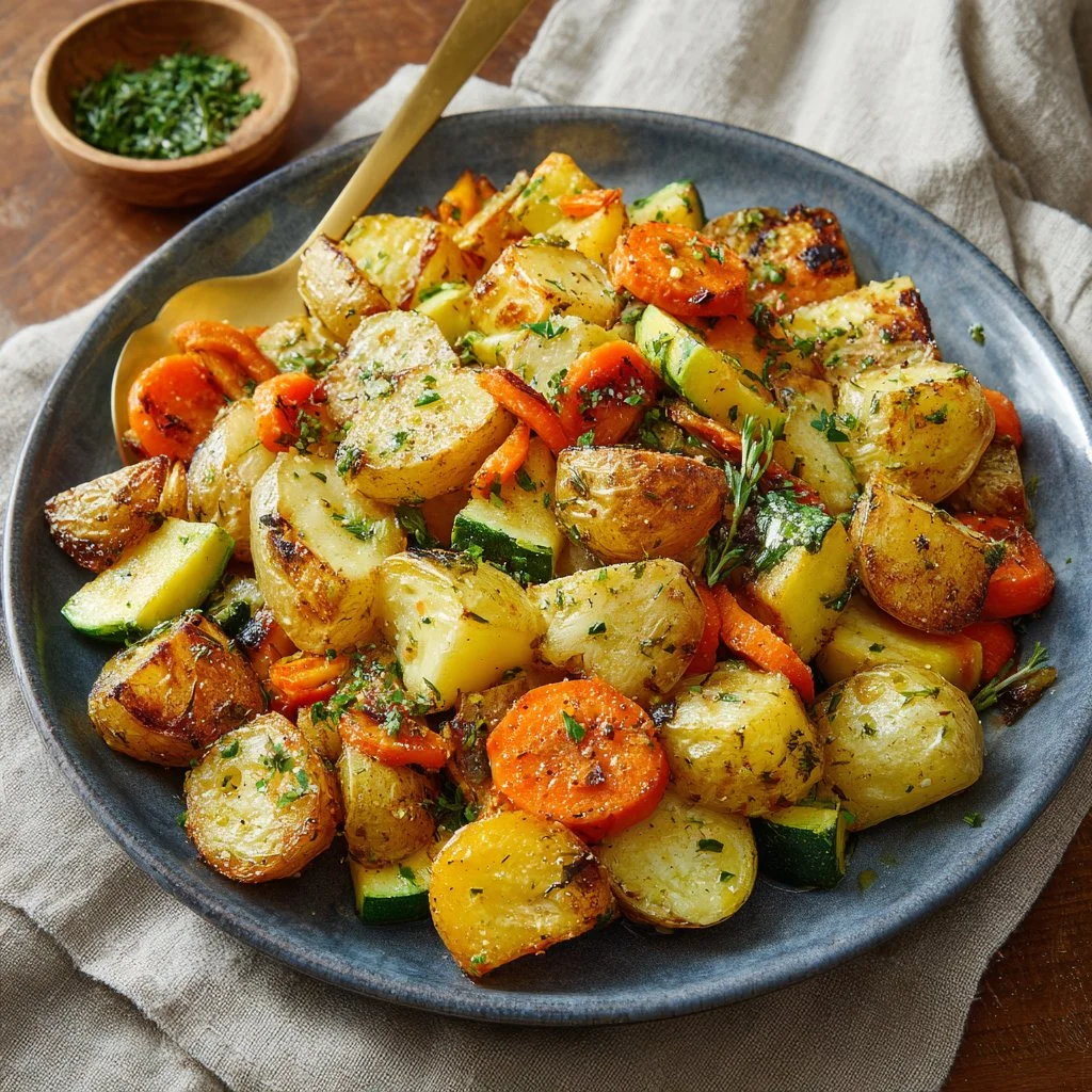 Pommes de terre, carottes et courgettes rôties à l'ail et aux herbes dans un plat