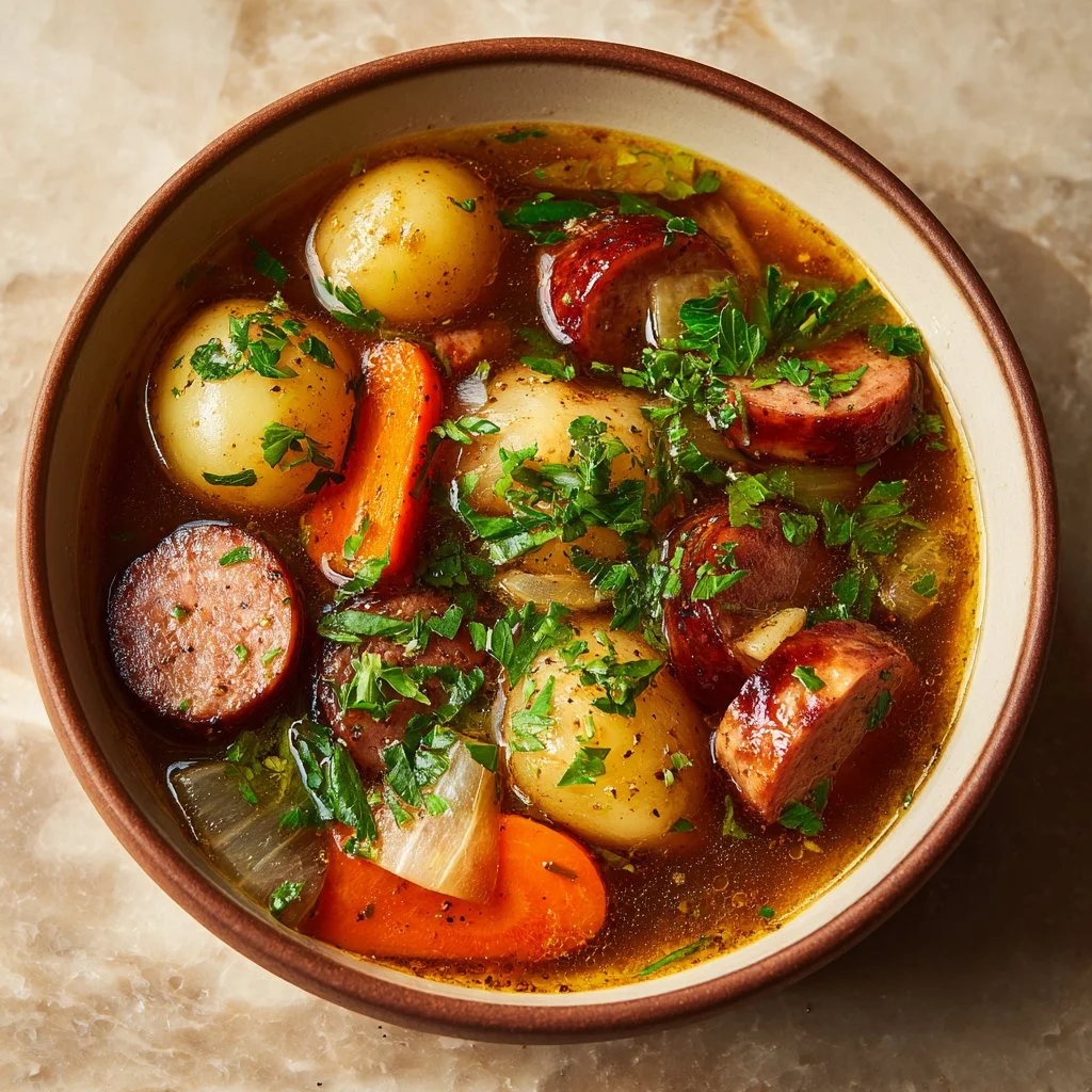 Potée traditionnelle aux saucisses fumées, un plat réconfortant et savoureux