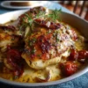 Poulet Toscana, plat savoureux de la Toscane avec des herbes et des tomates.