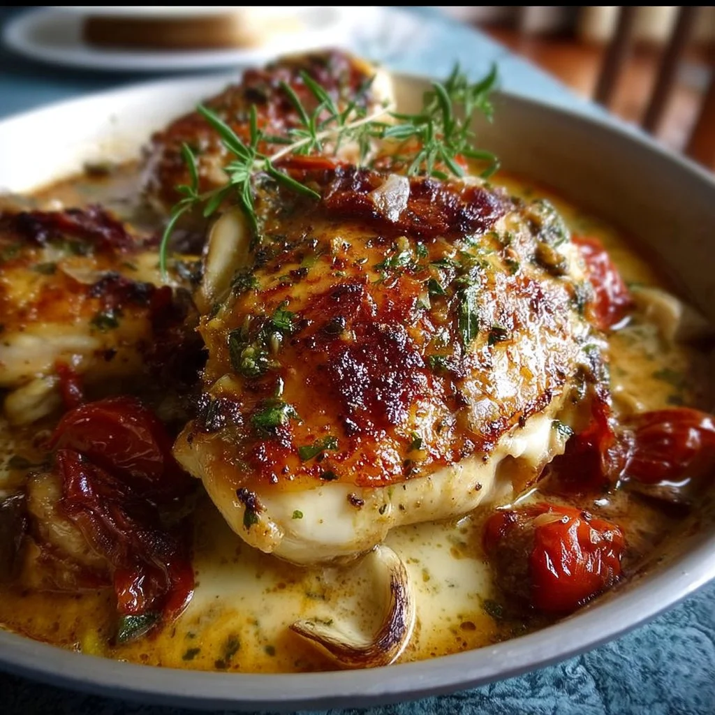 Poulet Toscana, plat savoureux de la Toscane avec des herbes et des tomates.