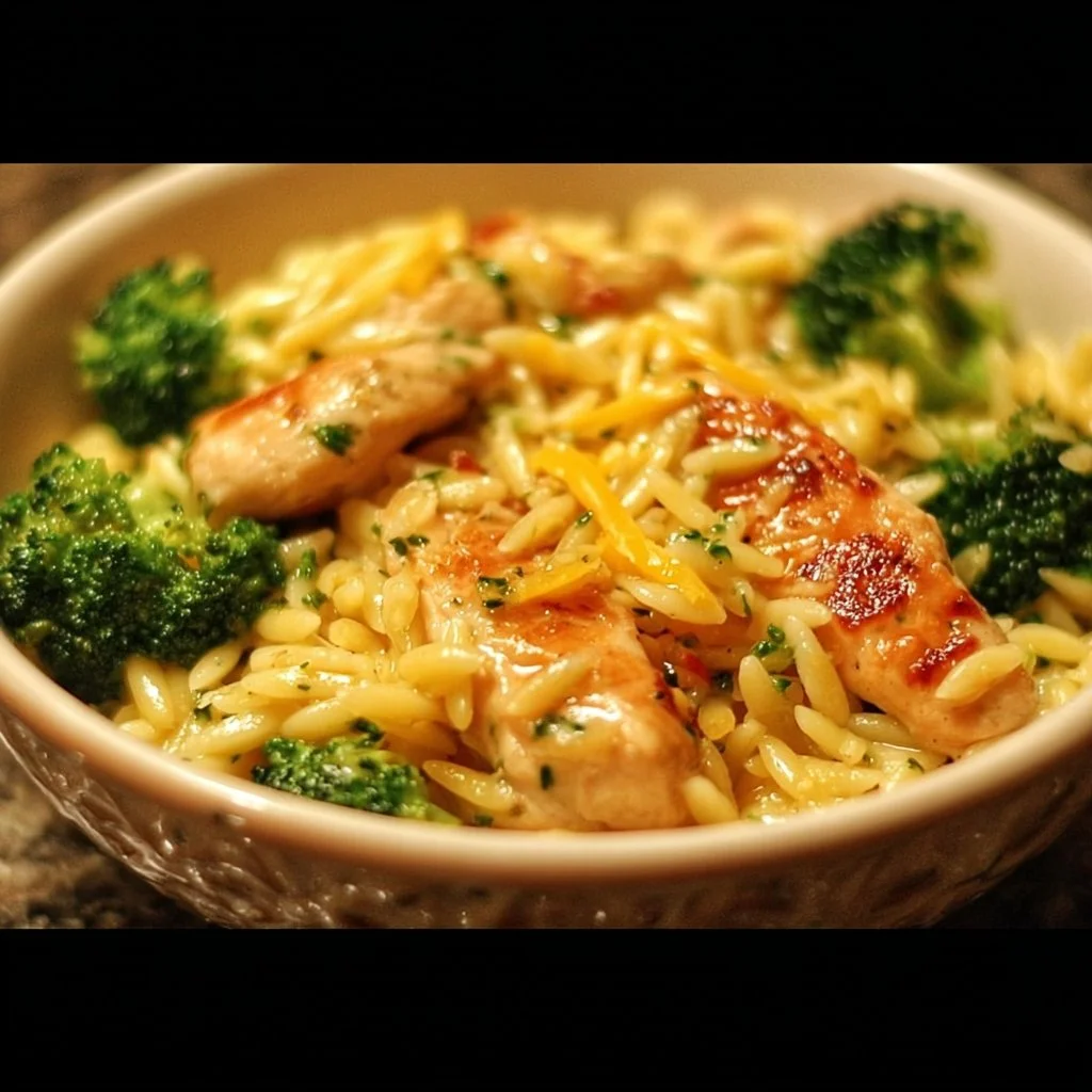 Poulet Brocoli Orzo au Cheddar servi dans une assiette colorée.