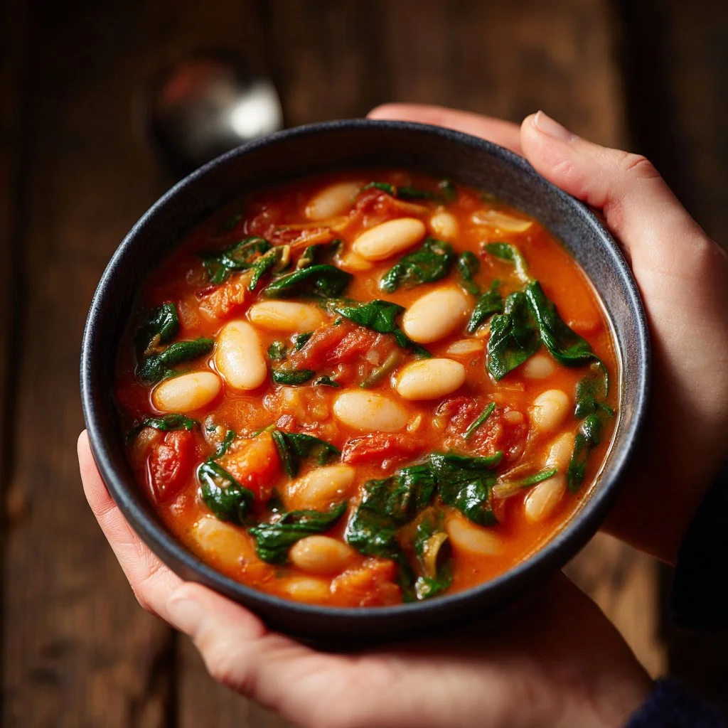 Ragoût crémeux de tomates et haricots blancs, plat appétissant en bol.