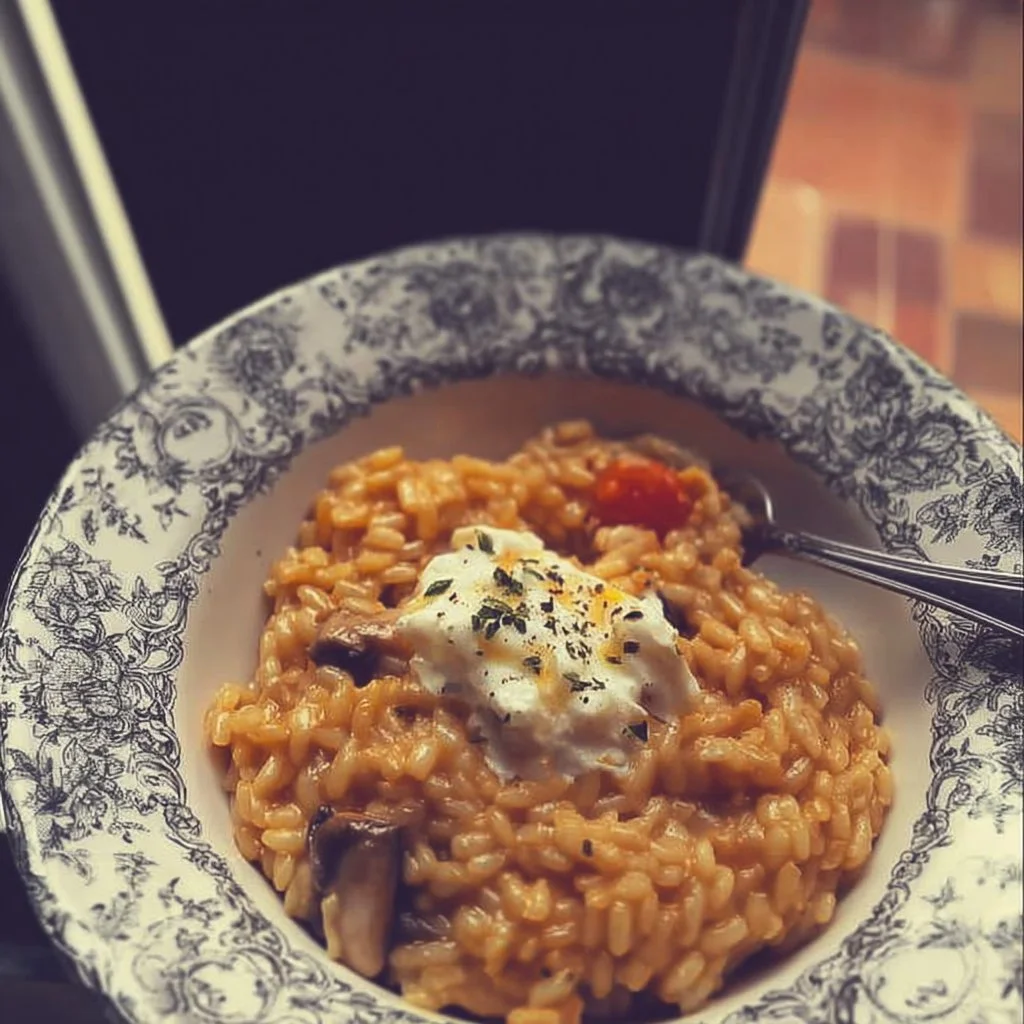 Plat de risotto crémeux garni de légumes frais et de parmesan.