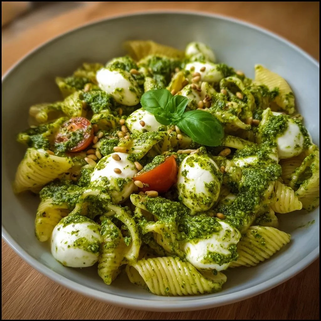 Salade de pâtes au pesto et mozzarella avec légumes frais