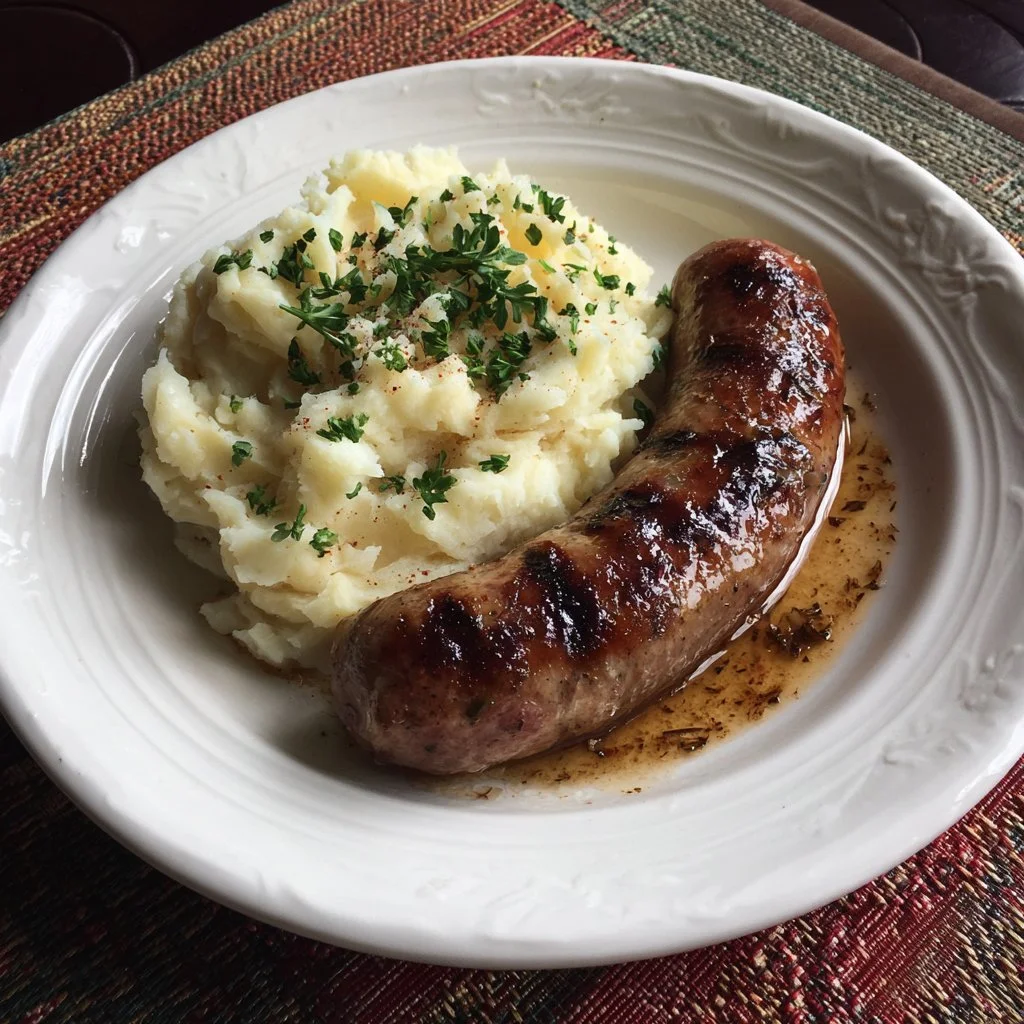 Saucisse Purée servie avec une purée de pommes de terre crémeuse