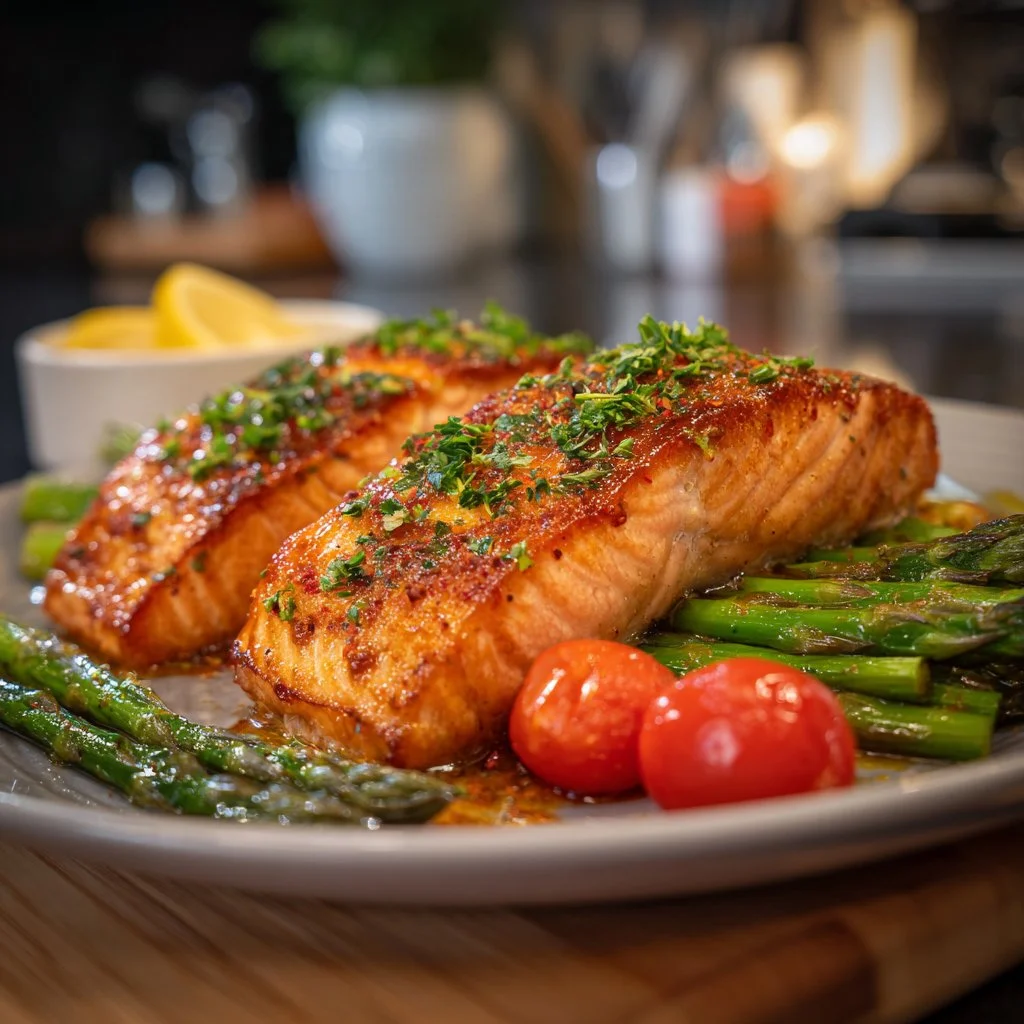 Saumon cuit à l'Airfryer, croustillant à l'extérieur, tendre à l'intérieur.