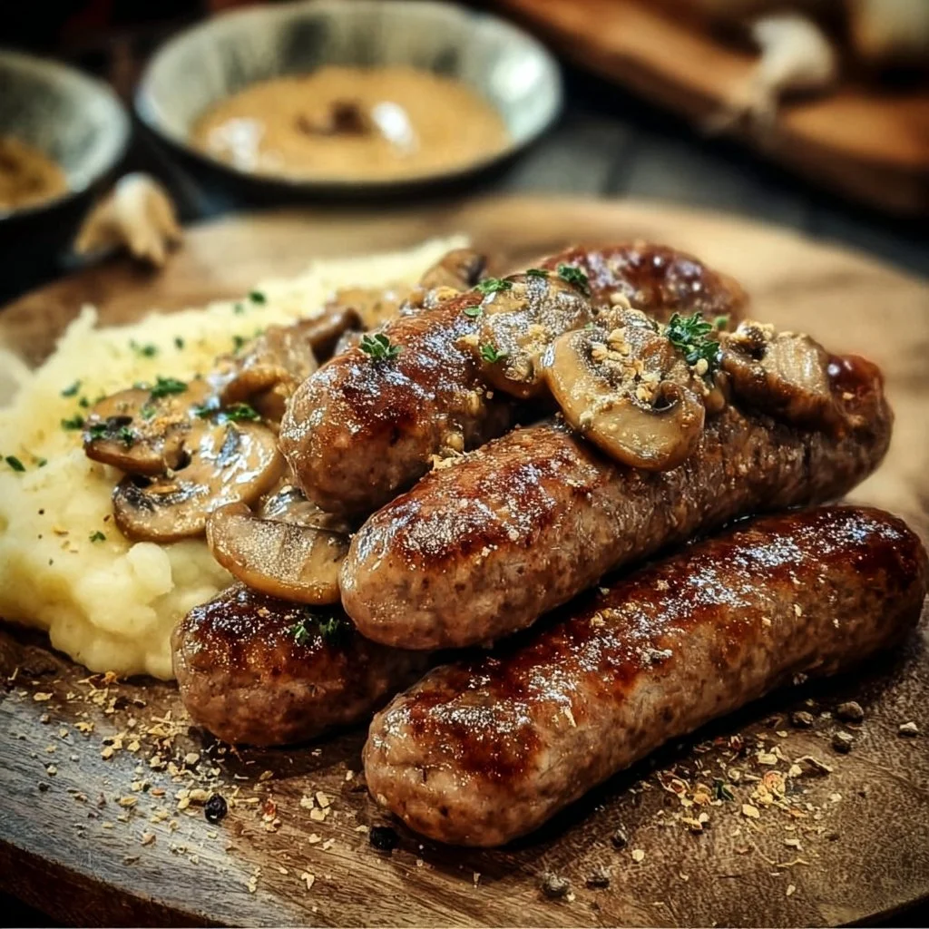 Saucisses de Toulouse servies avec moutarde et champignons.