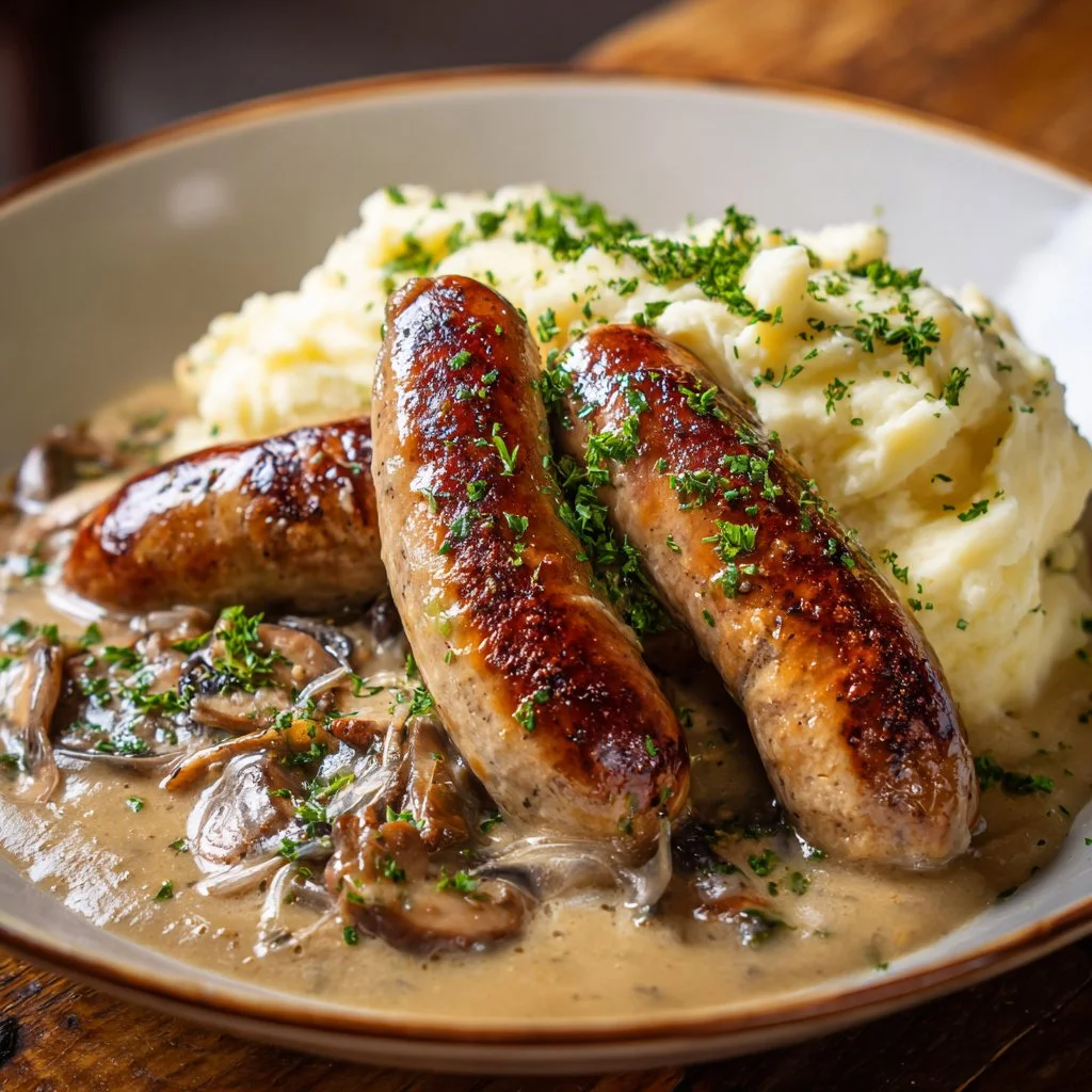 Saucisses de Toulouse servies avec moutarde et champignons dans une assiette.