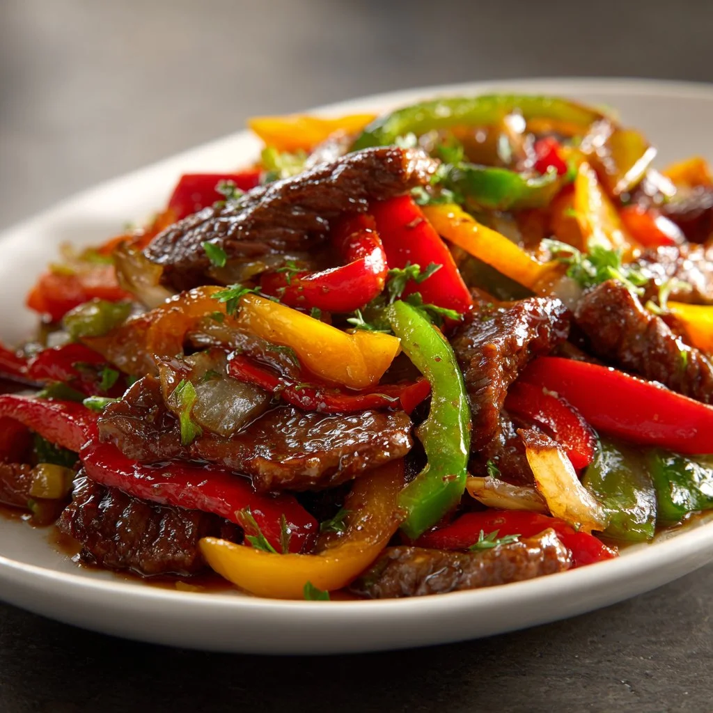Sauté de bœuf aux poivrons et oignons prêt à être dégusté