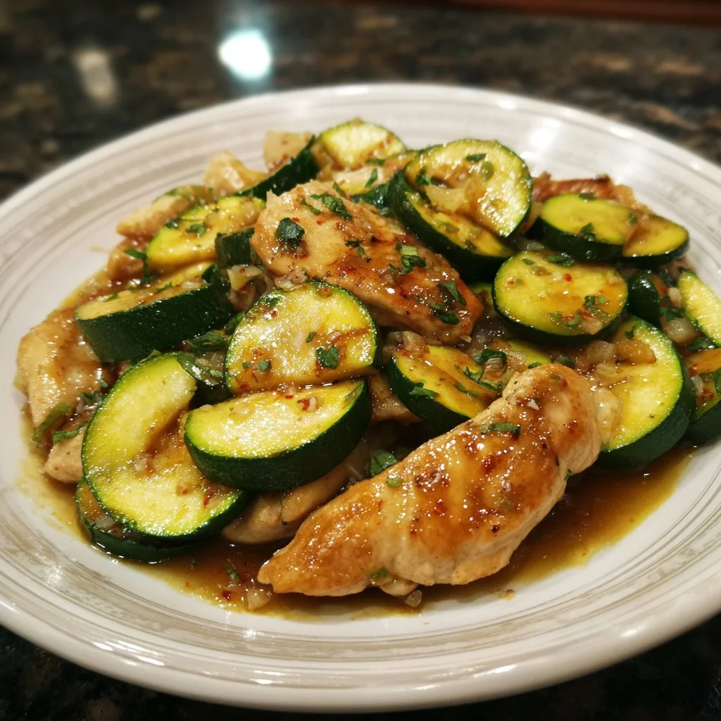 Sauté de poulet aux courgettes fraîches dans une poêle