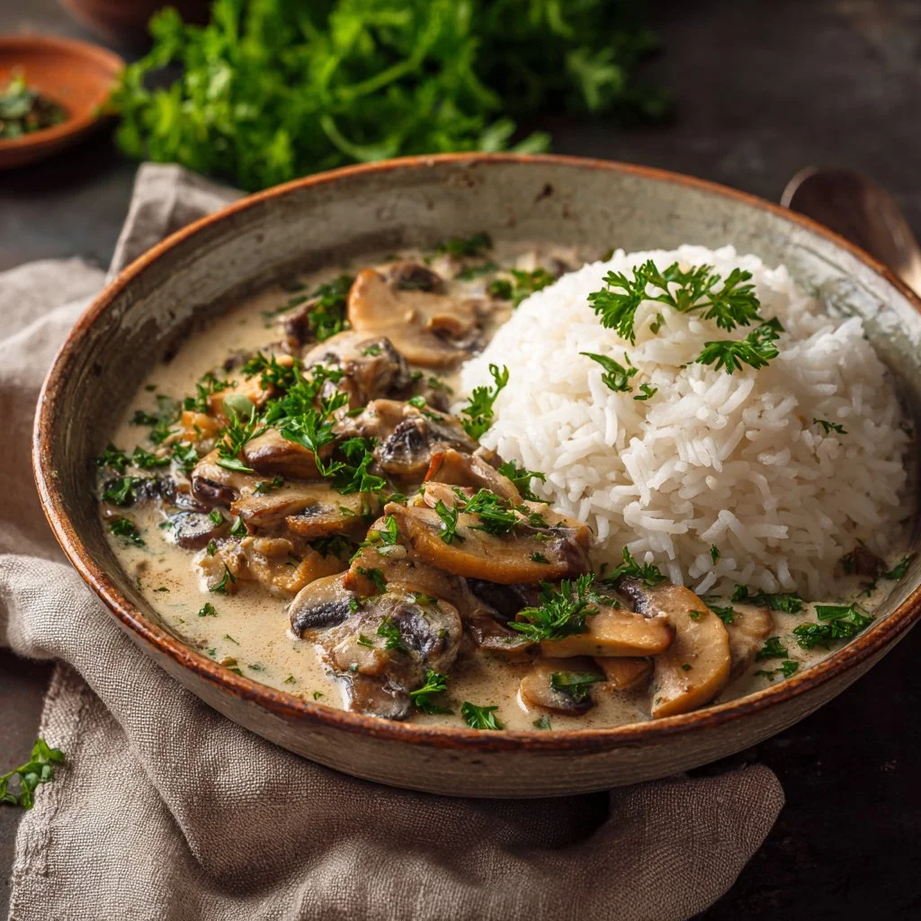 Stroganoff de Champignons servi avec du riz complet dans une assiette appétissante