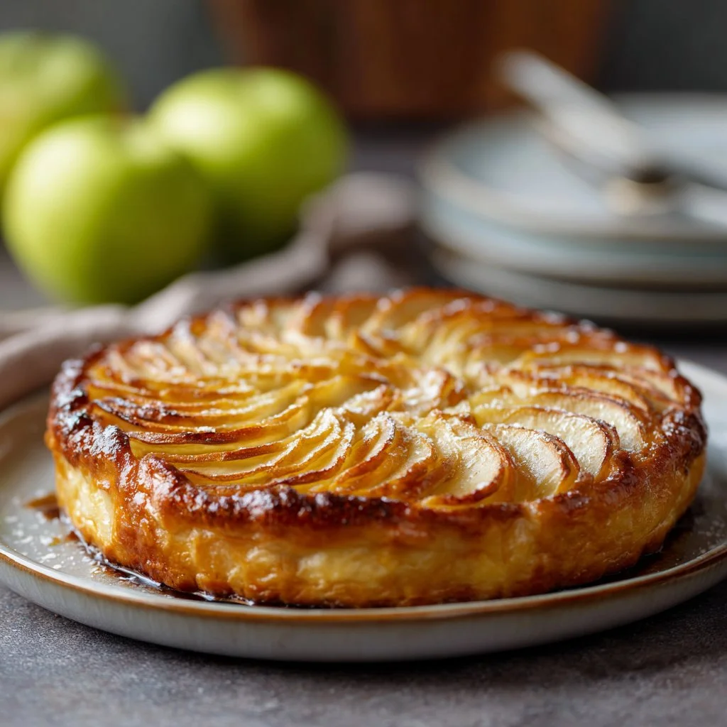 Une délicieuse tarte aux pommes dorée et appétissante sur une assiette.