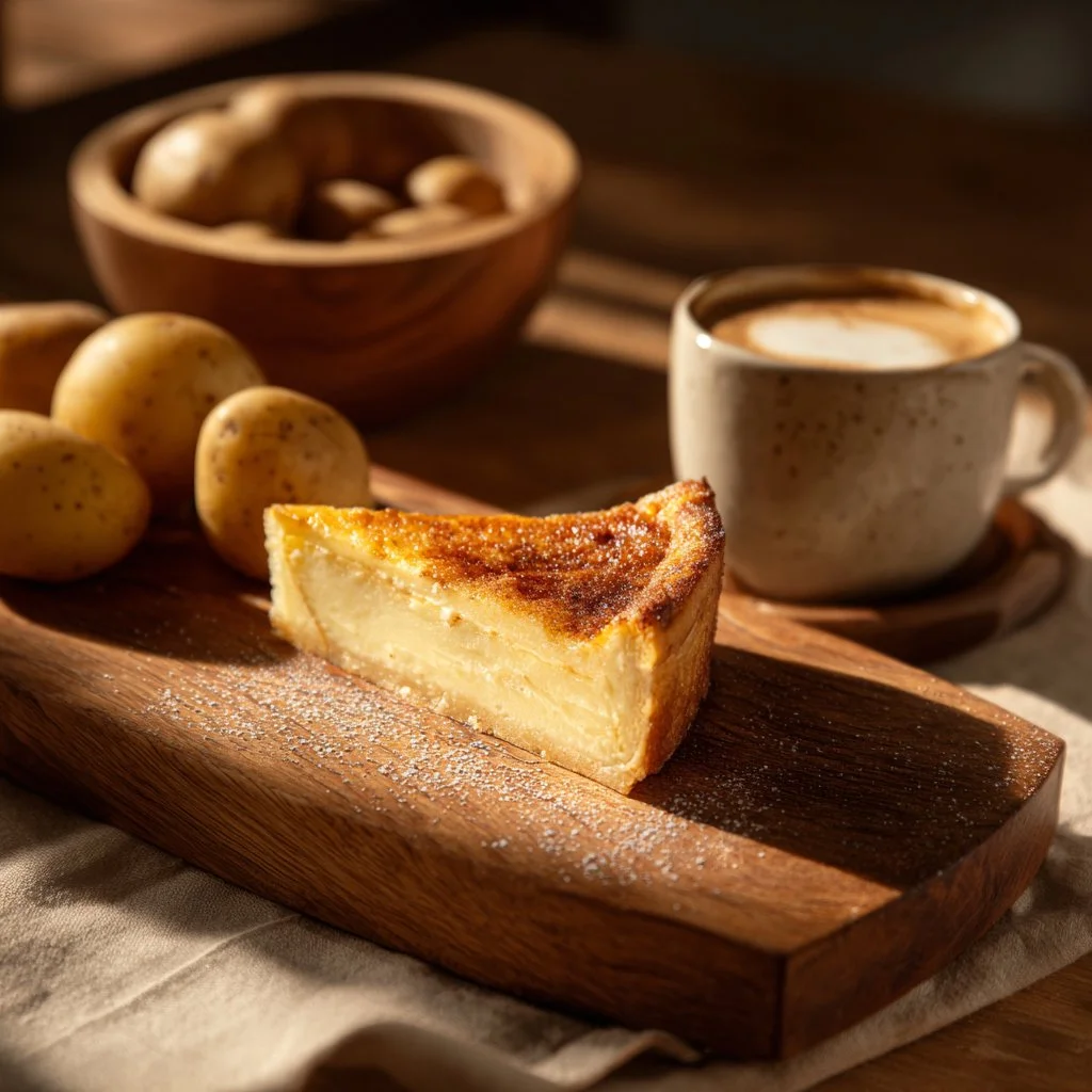 Tarte aux pommes façon crème brûlée, une délicieuse pâtisserie sur une assiette.