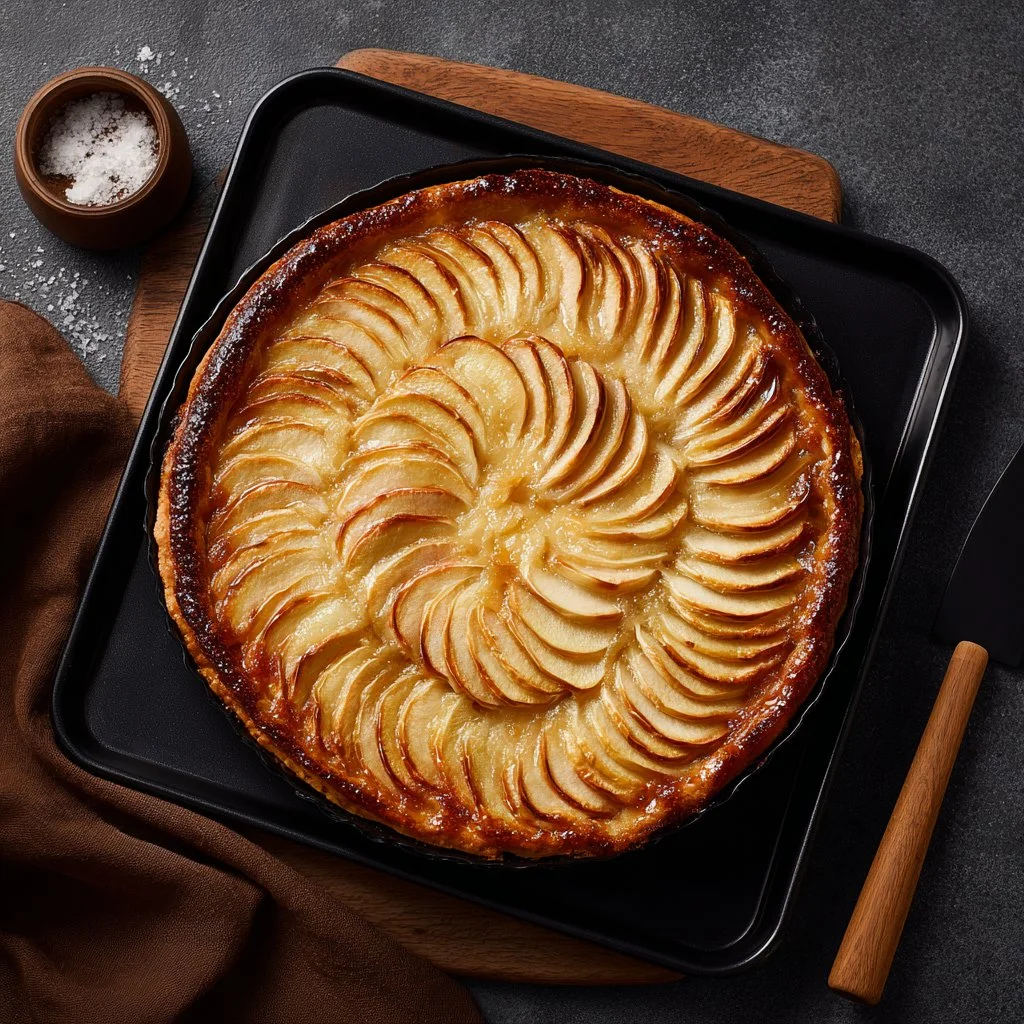 Tarte Fine aux Pommes garnie de pommes tranchées sur une pâte croustillante