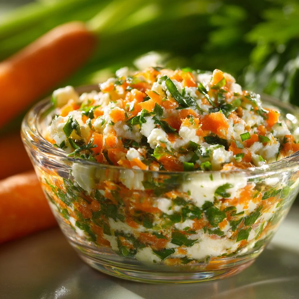 Tartinade de carottes avec fromage frais et herbes sur du pain croustillant.