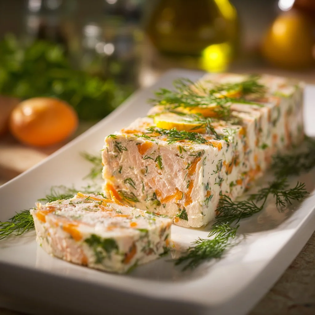 Terrine de saumon frais prête à servir, garnie d'herbes fraîches.