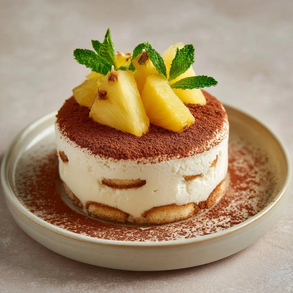 Tiramisu Coco Ananas, dessert savoureux aux saveurs tropicales et crémeuses.