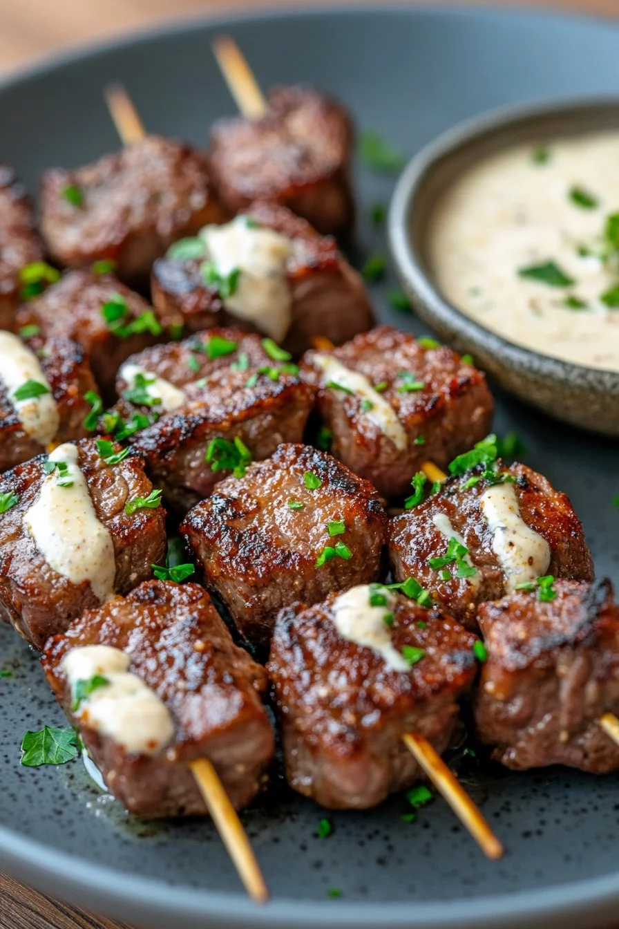 Bouchées de steak au beurre à l'ail avec une sauce crémeuse au parmesan riche