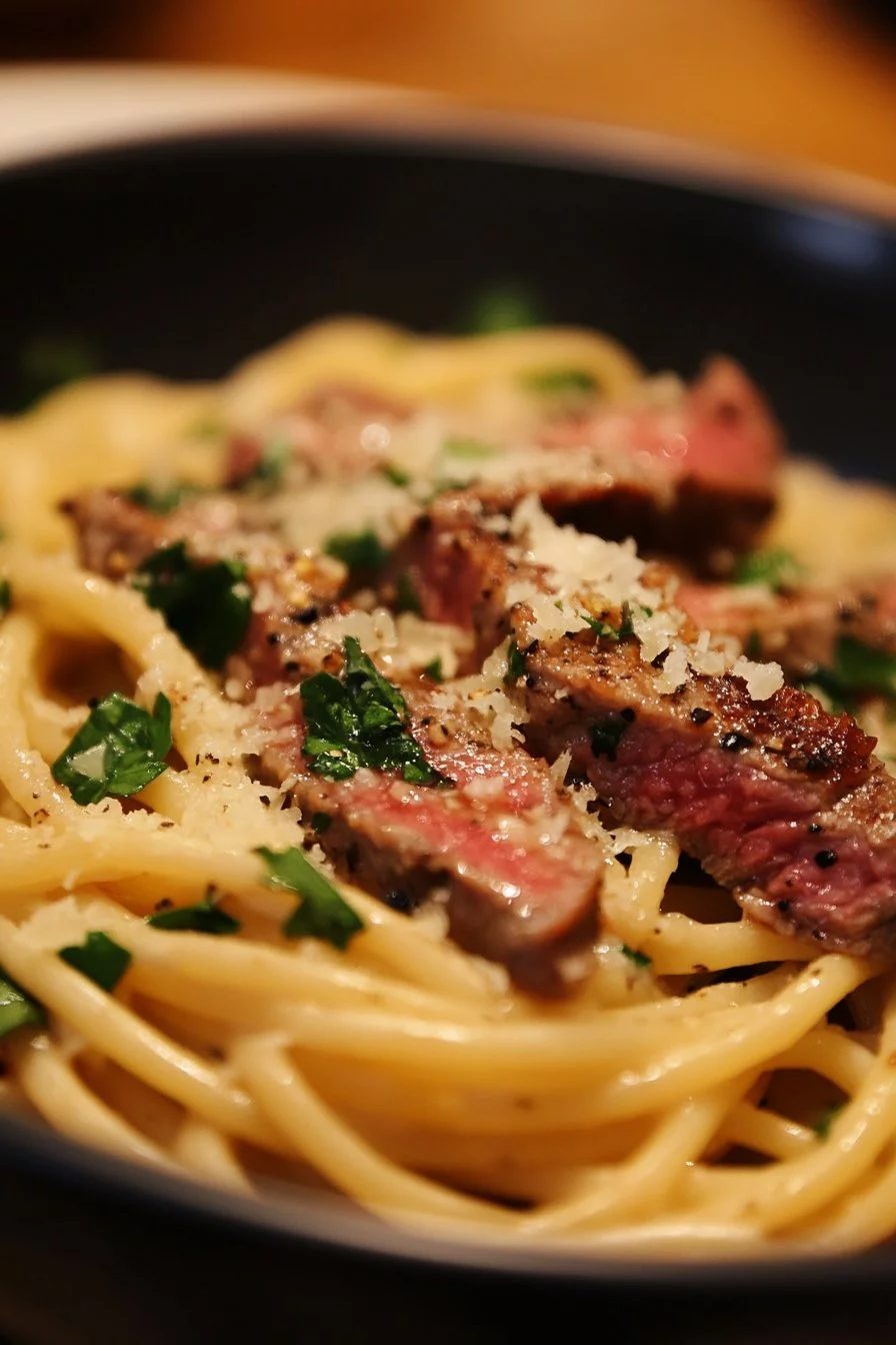 Pasta with spicy garlic steak and parmesan