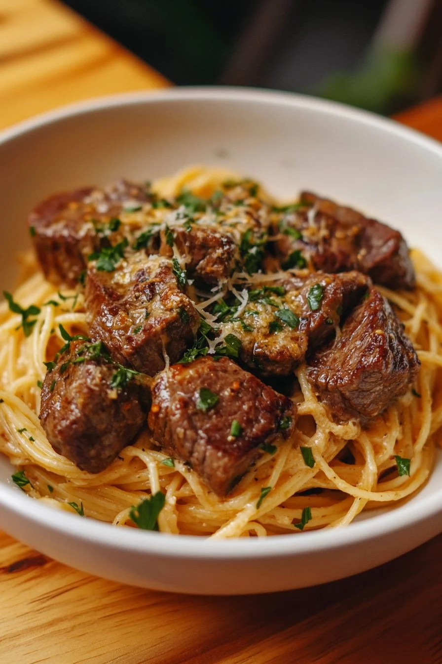 Bites of Steak with Garlic and Creamy Pasta