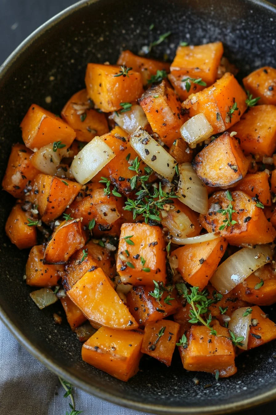Sautéed sweet potatoes with onions, garlic, and thyme