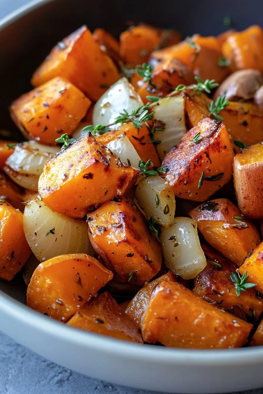 Sautéed sweet potatoes with onions, garlic, and thyme