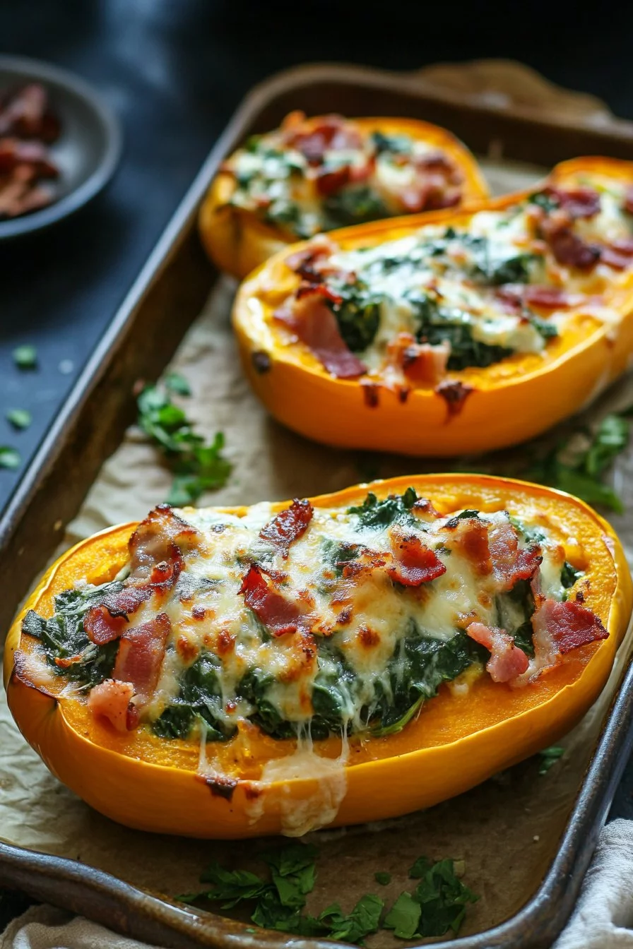 Courge musquée farcie avec épinards, bacon et fromage