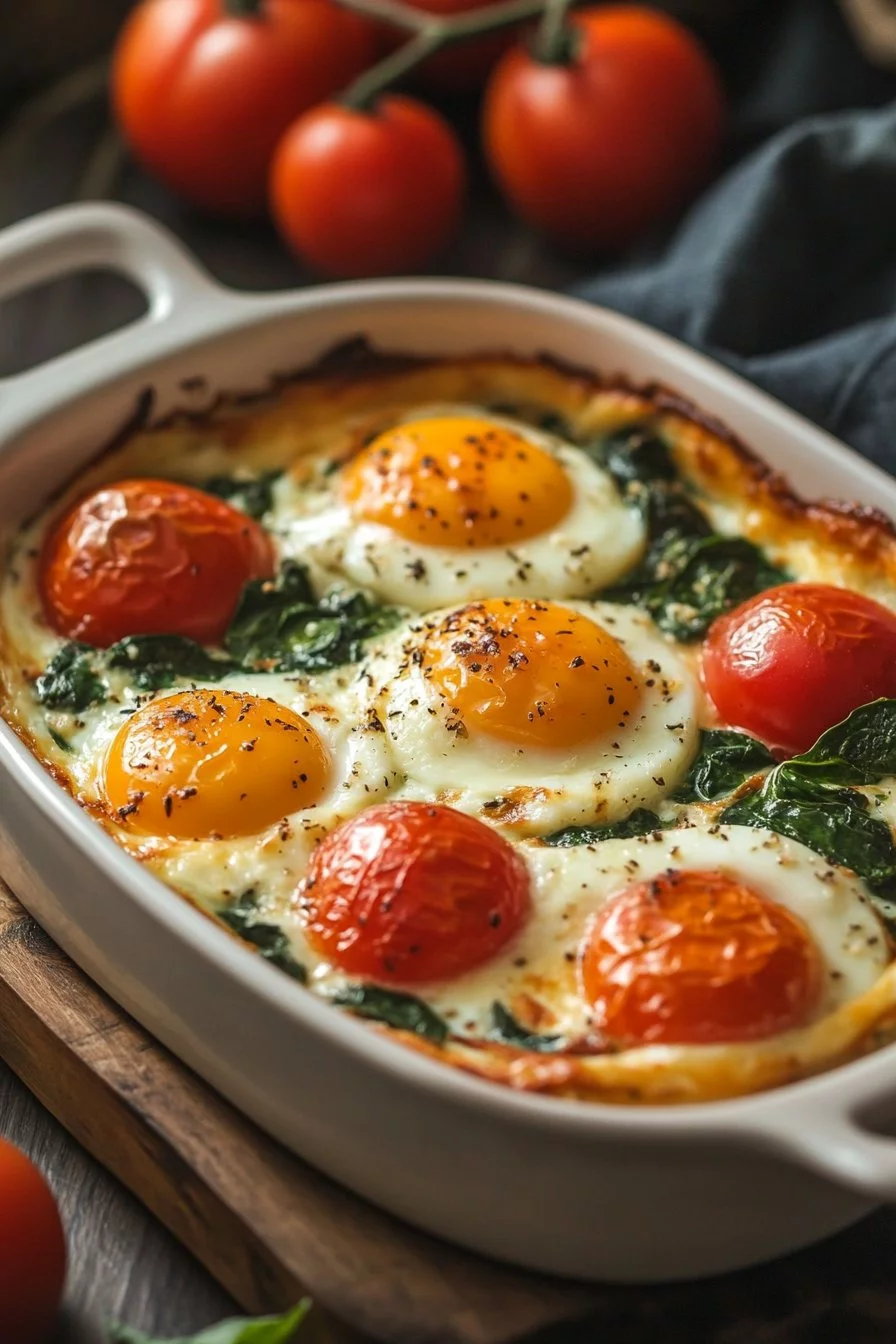 Œufs au feta cuits avec tomates et épinards
