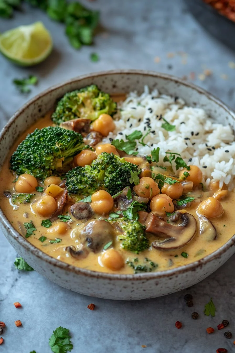 Curry de brocoli, pois chiches et champignons au lait de coco