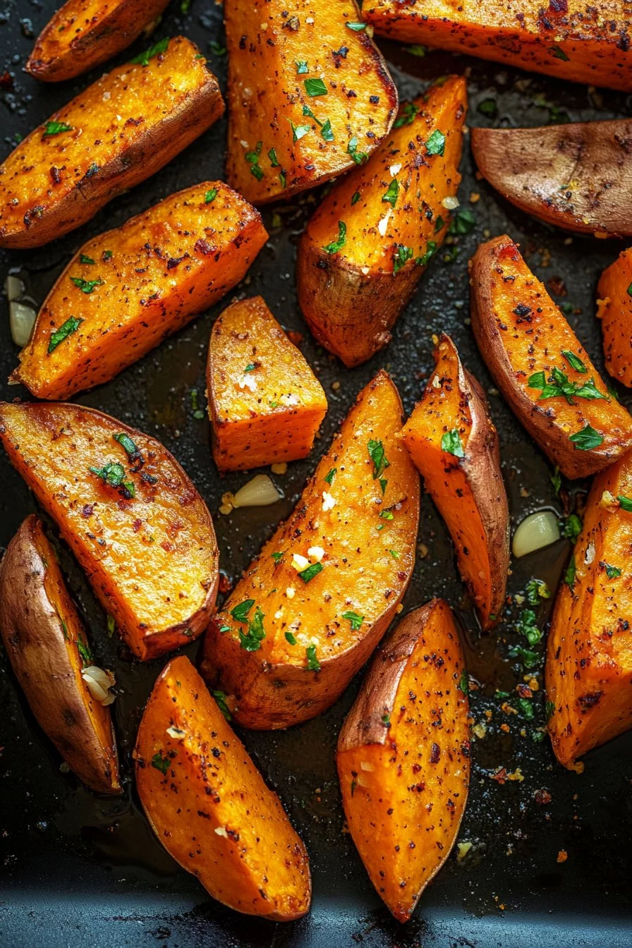 Roasted sweet potatoes with garlic butter
