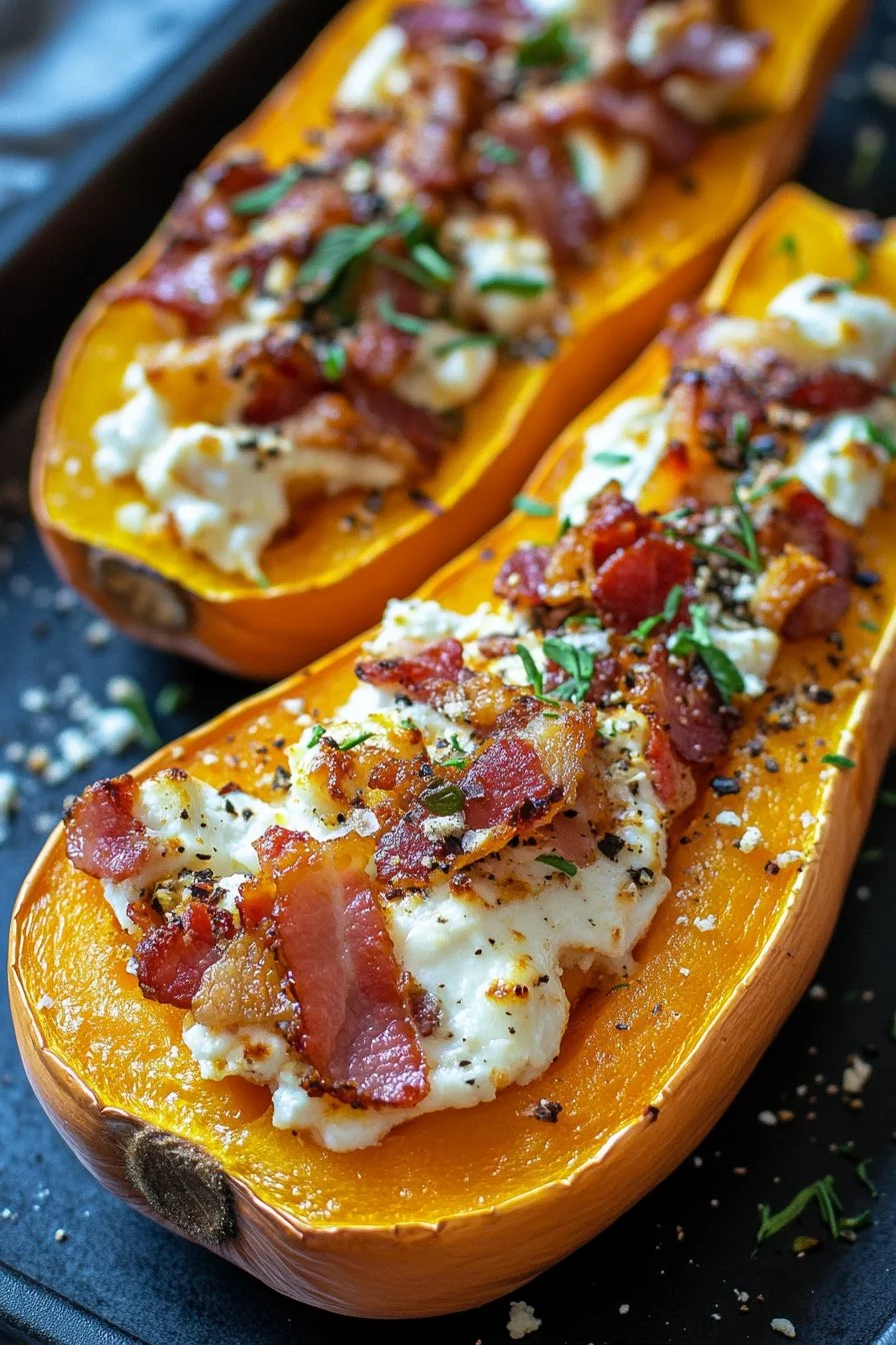 Butternut stuffed with bacon and goat cheese