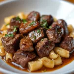 Bites of Steak with Garlic and Creamy Pasta