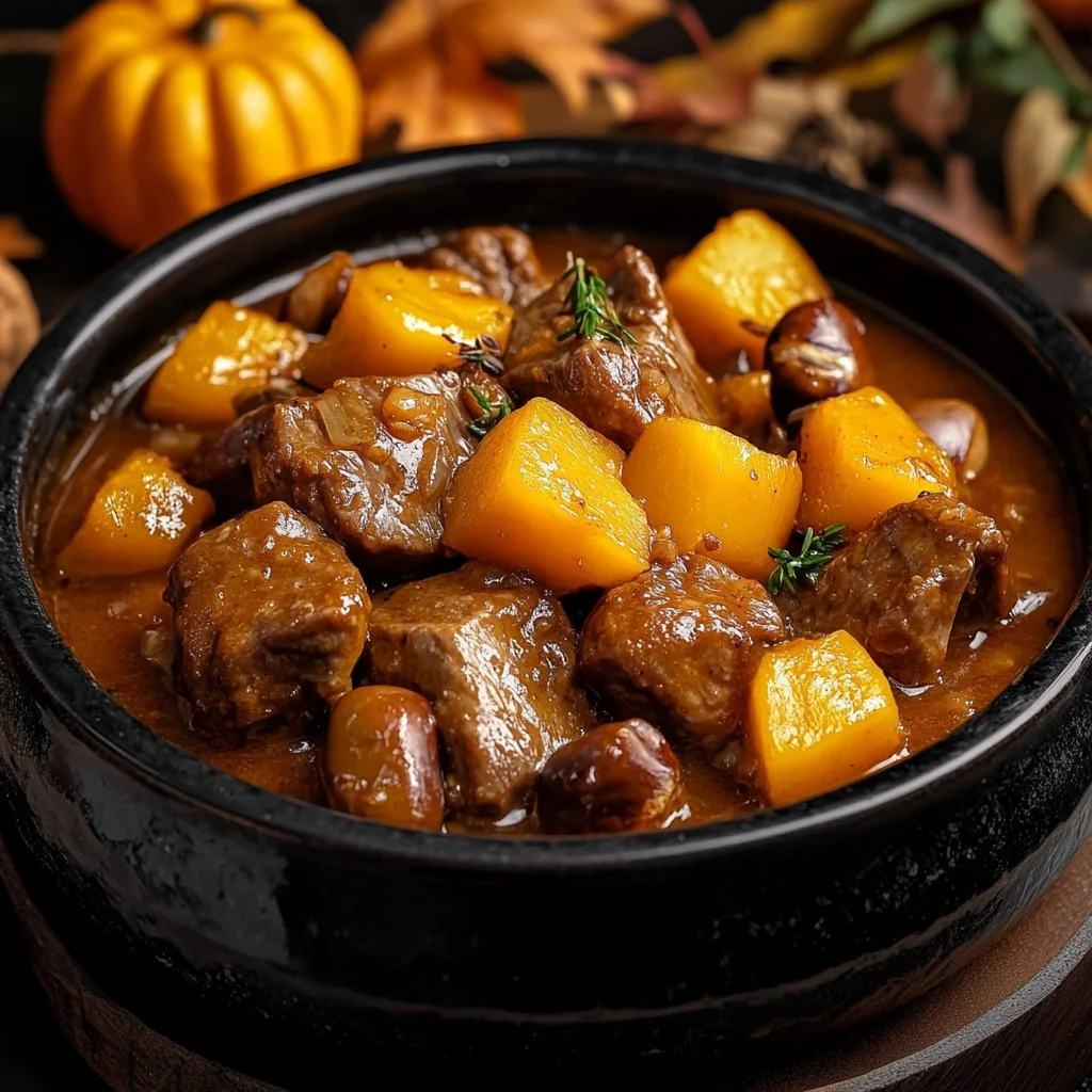 Blanquette de Dinde Automnale avec potiron et marrons dans un plat appétissant.
