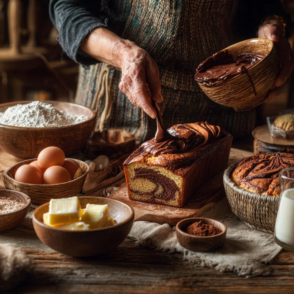 Un délicieux Cake Marbré au Chocolat avec des couches de chocolat et de vanille.