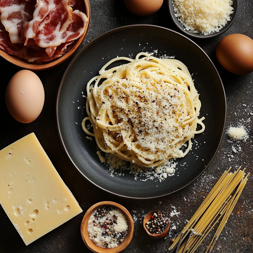 Plat de pâtes Carbonara avec sauce crémeuse et garnitures délicieuses.