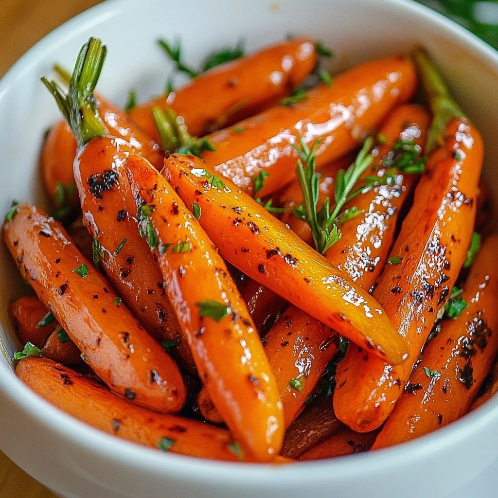 Carottes rôties au miel dorées et appétissantes servies dans une assiette.