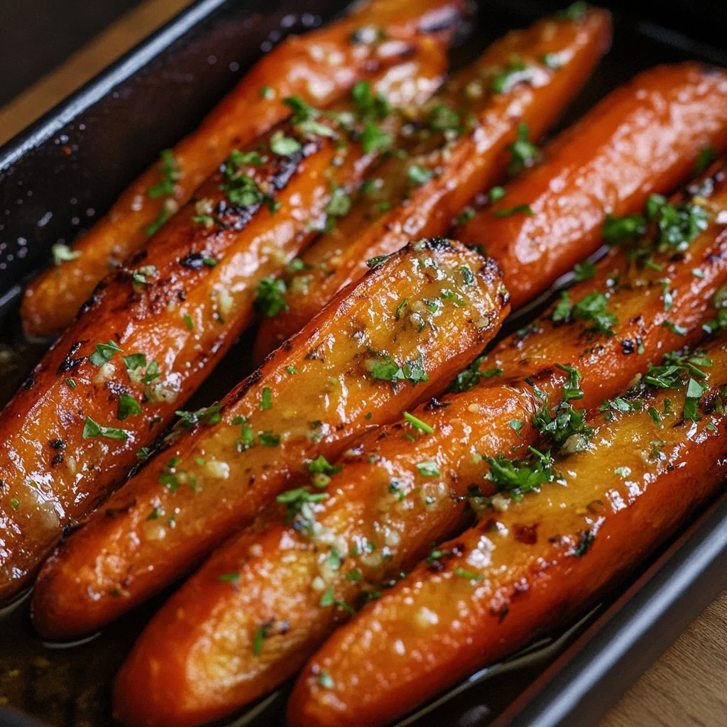 Carottes rôties au sirop d'érable et à la moutarde de Dijon sur un plat élégant