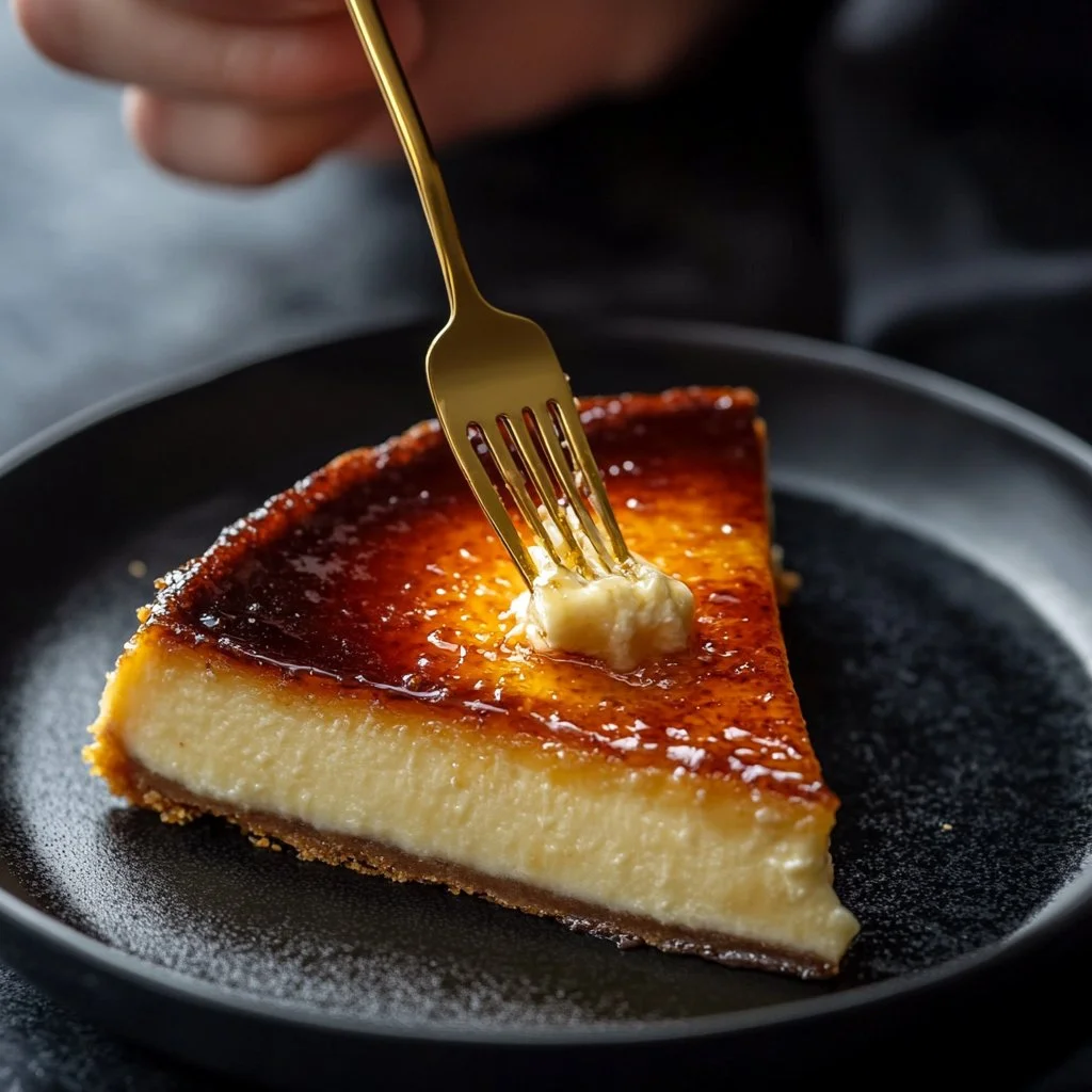 Delicieux cheesecake crème brûlée avec une croûte caramélisée dorée