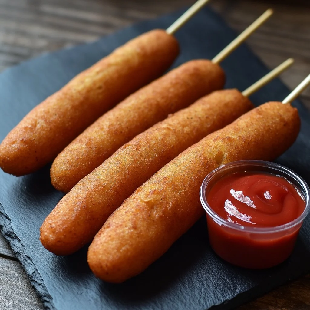 Chien de maïs, une version française du corn dog, croustillante et savoureuse.
