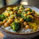 Curry de brocoli, pois chiches et champignons au lait de coco