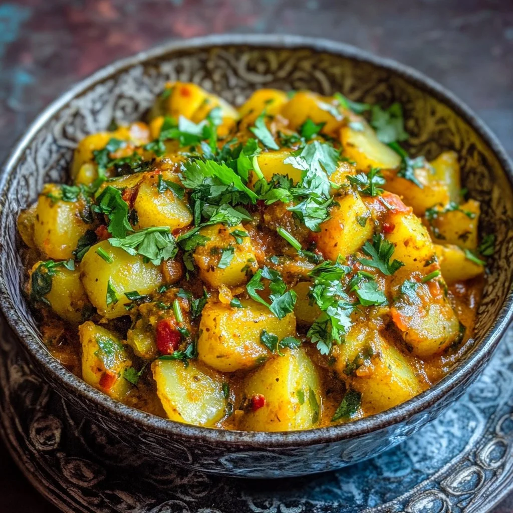 Curry de pommes de terre végétarien savoureux et coloré dans un plat