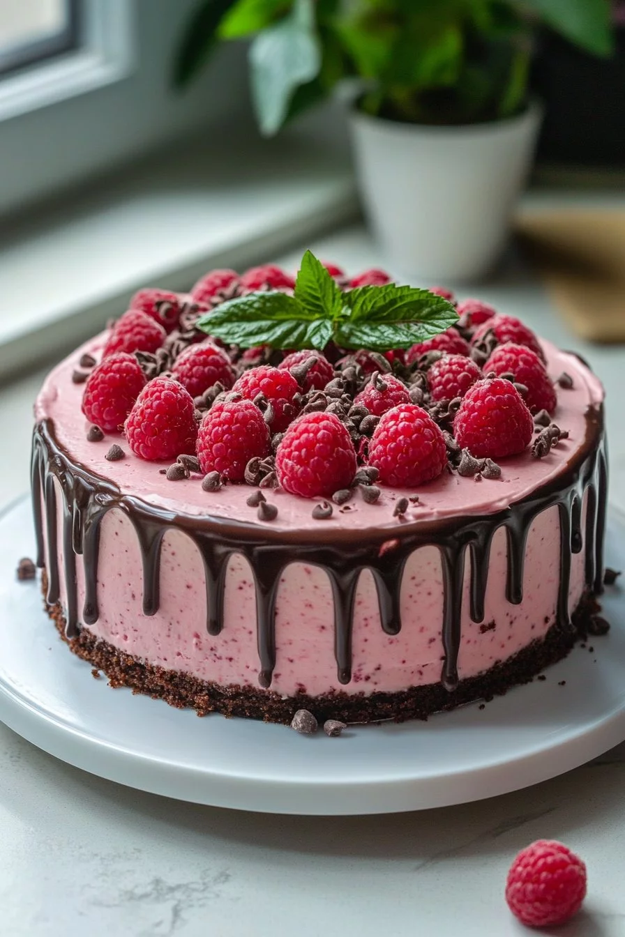 Gâteau au fromage frais framboise avec un nappage au chocolat croustillant