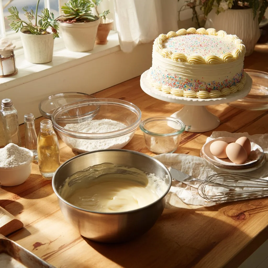 Gâteau à la vanille décoré avec crème au beurre à la meringue suisse.