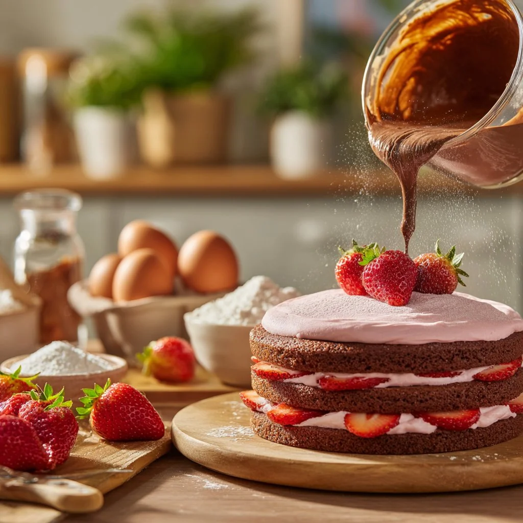 Gâteau chocolat aux fraises tout frais sorti du four, décoré avec des fraises.