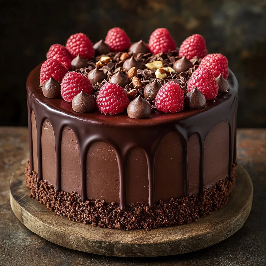 Gâteau framboise au fromage frais avec nappe de chocolat croustillant